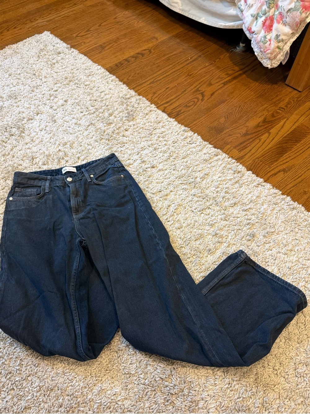 Zara Dark Blue Mid-rise Wide Leg Jeans
